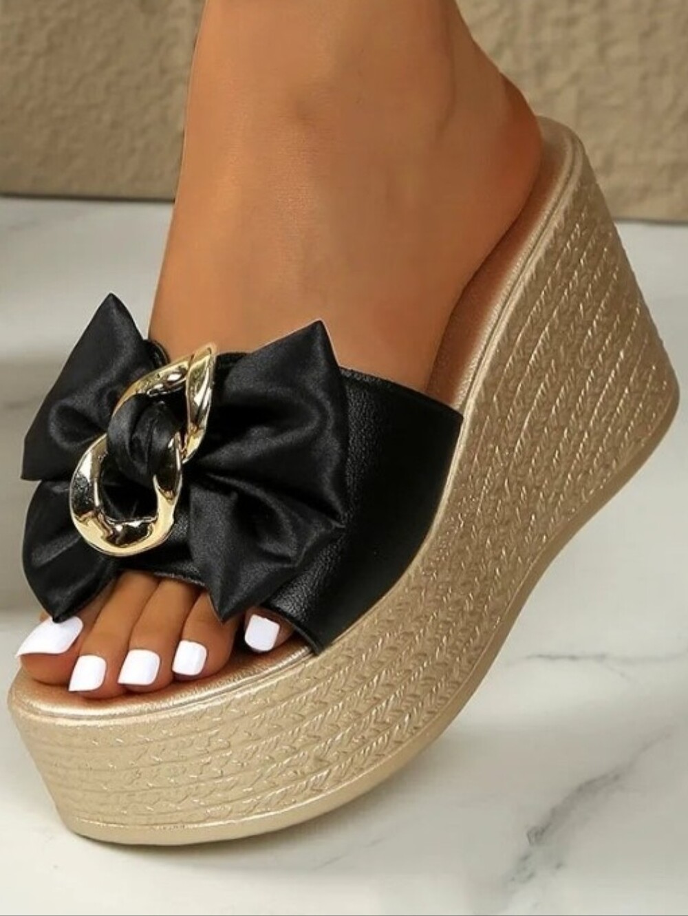 Gold Chain Oversized Bow Platform Open Toe Shoes Slip On Coquette Sandals Black